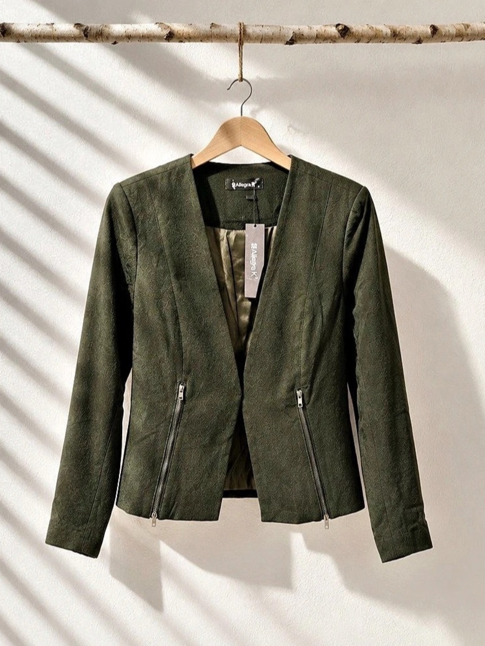 Allegra K Women's Workwear Zipper Collarless Cropped Blazer Green Medium